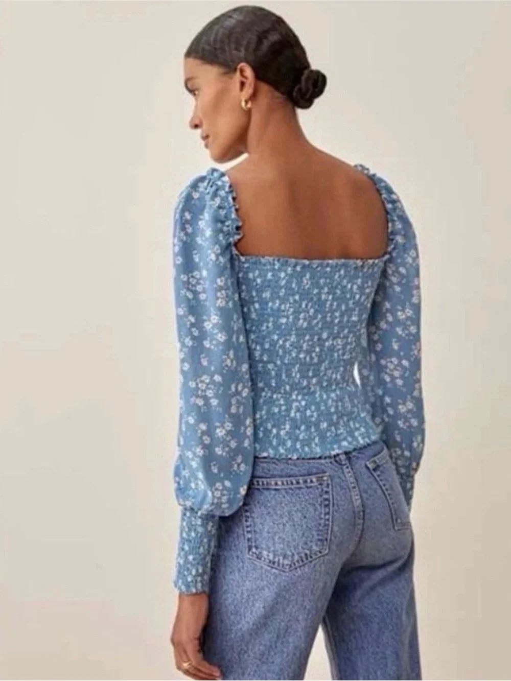 Reformation Blue Smocked Square-Neck Blouse